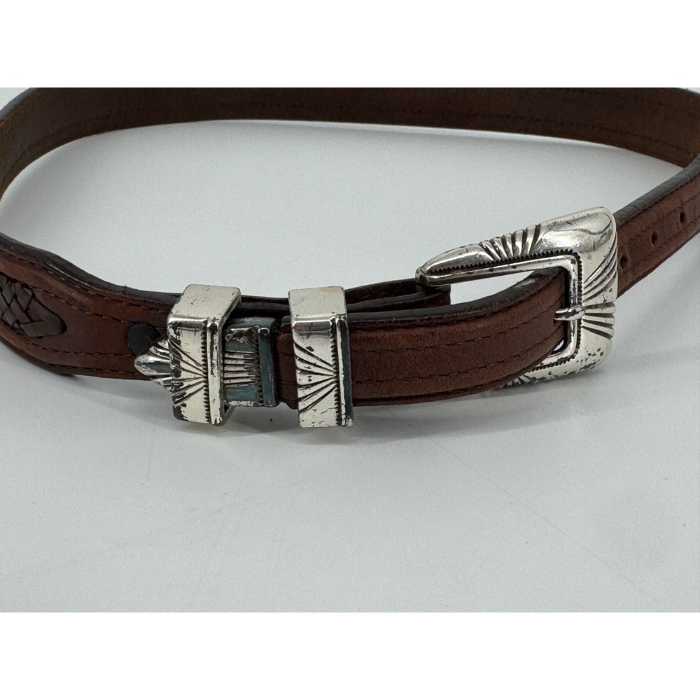 Tony lama Western Ranger Belt Women 34 Brown Leather Braided Silver Tone - Picture 3 of 10
